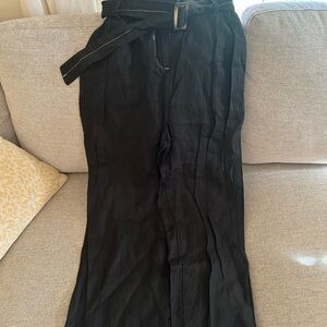 Black linen Wide-Leg Pants with Belt